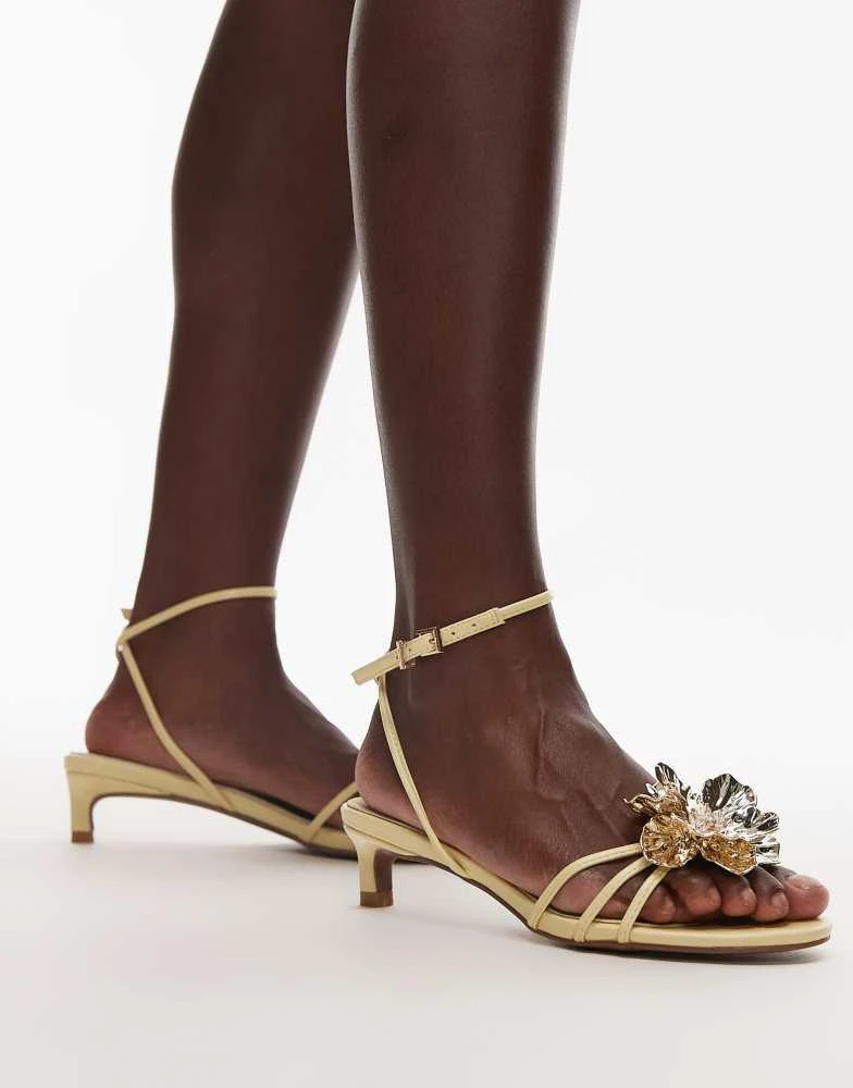 Topshop Topshop Inaya kitten heel strappy sandal with gold flower in yellow 2