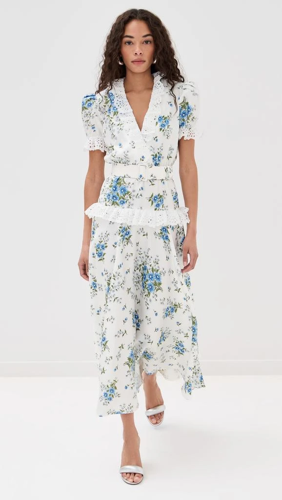 Rodarte White and Blue Daisy Silk Short Sleeve Silk Dress with Eyelet Ruffle Detail and Belt 6