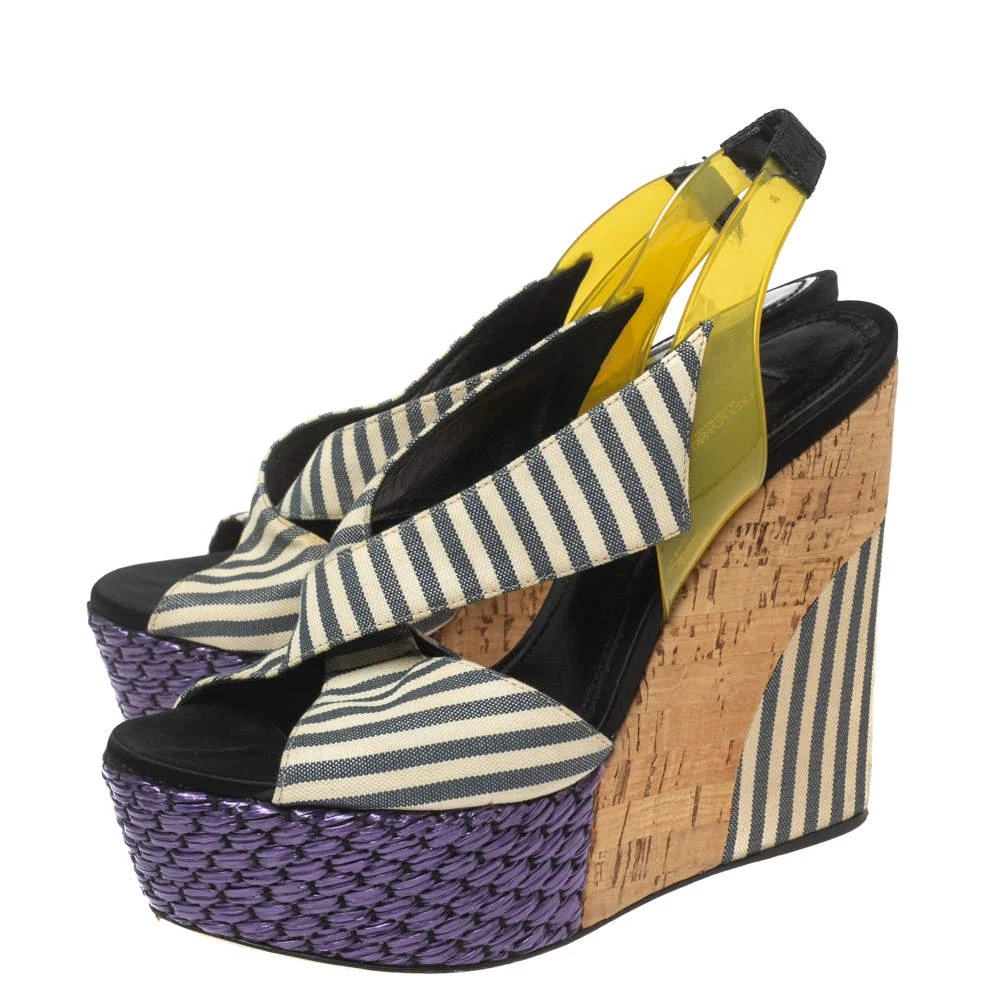 Dolce & Gabbana Dolce & Gabbana Multicolor Striped Fabric and PVC Cross Strap Slingback Wedge Sandals Size 37 4