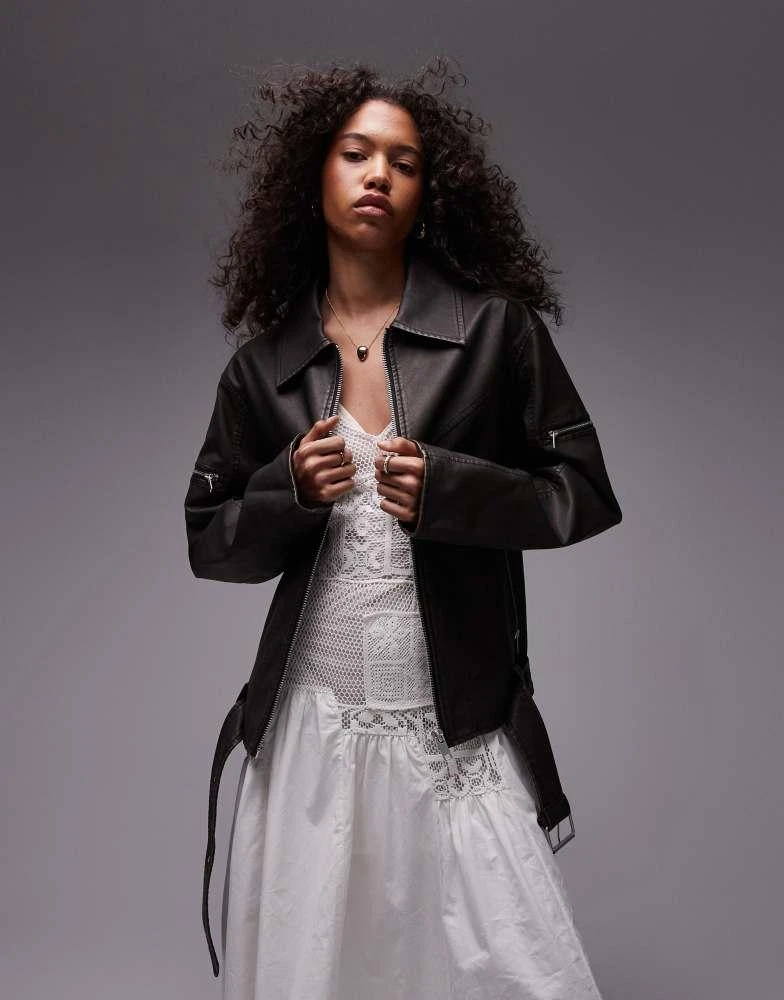 Topshop Topshop faux leather centre front zip biker jacket in dark brown 2