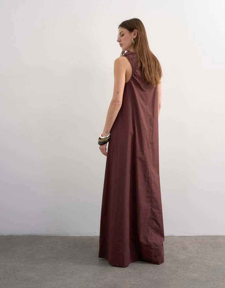 Topshop Topshop poplin ruched neck maxi sundress in chocolate 4