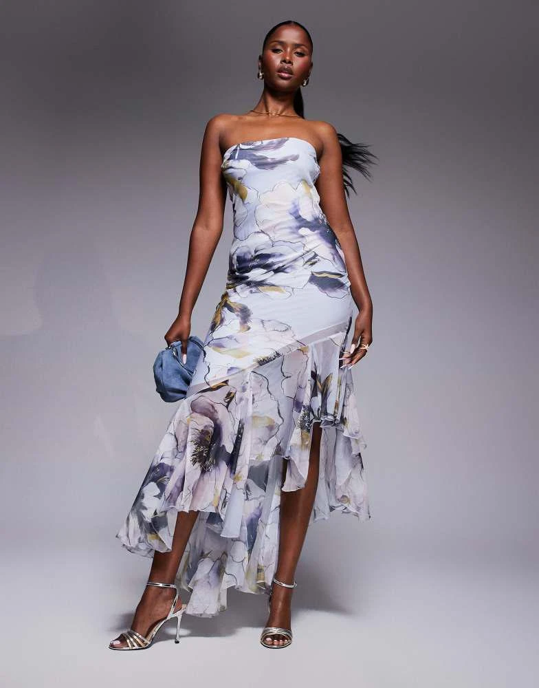 ASOS DESIGN bandeau maxi dress with asymmetric ruffle hem in oversized  tonal floral print  On Sale Now with Up to 60% Off | Discover Exclusive  Deals & Savings at BeyondStyle