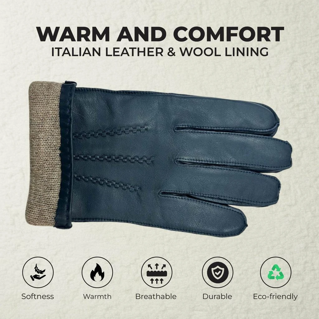 Infinity Leather Men’s Navy Blue Italian Leather Warm Wool Lining Winter Stich Design Riding Driving Casual Gloves 3