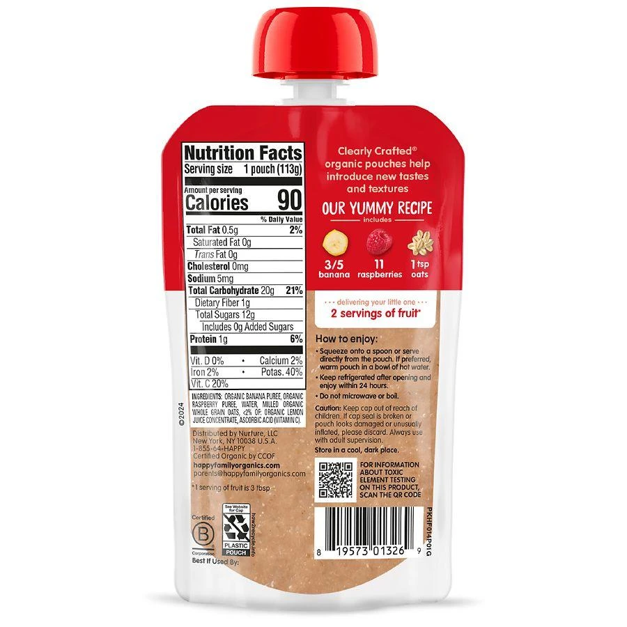 Happy Baby Organics Clearly Crafted Stage 2 Bananas, Raspberries & Oats Pouch Banana Raspberries & Oats, Single Pouch 3