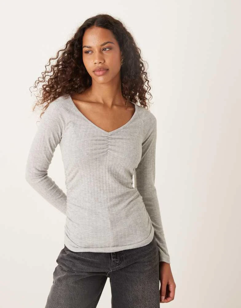 ASOS ASOS DESIGN supersoft brush rib v neck long sleeve in grey marl 1