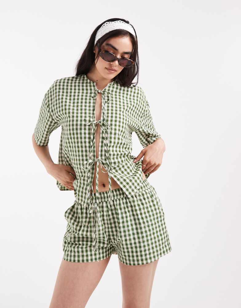 Daisy Street Daisy Street pull on boxer style shorts in green check co-ord