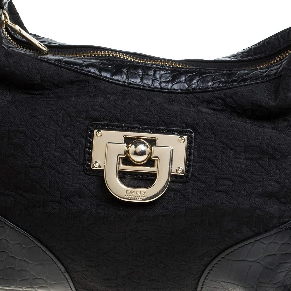 DKNY Dkny Black Signature Canvas and Croc Embossed Leather Buckle Hobo 5