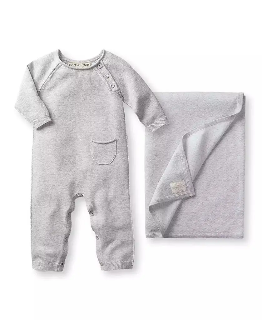 Hope & Henry Baby Girls Raglan Knit Romper and Jacquard Blanket Gift Set