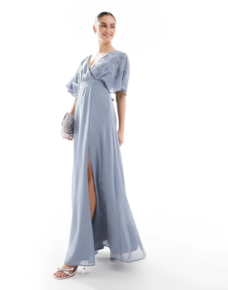 Maya Petite Maya Floral embroidered short sleeve maxi bridesmaid dress in dusty blue 1