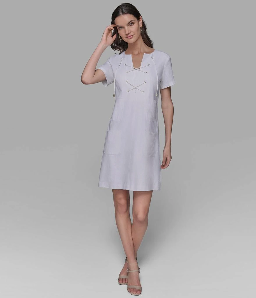 Karl Lagerfeld Paris SHORT SLEEVE LACE UP LINEN DRESS 1