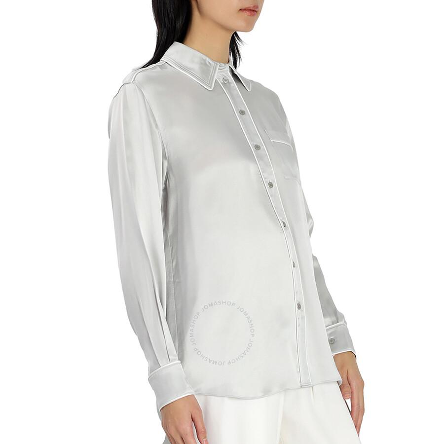 Burberry Ladies Light Pebble Grey Silk Satin Shirt