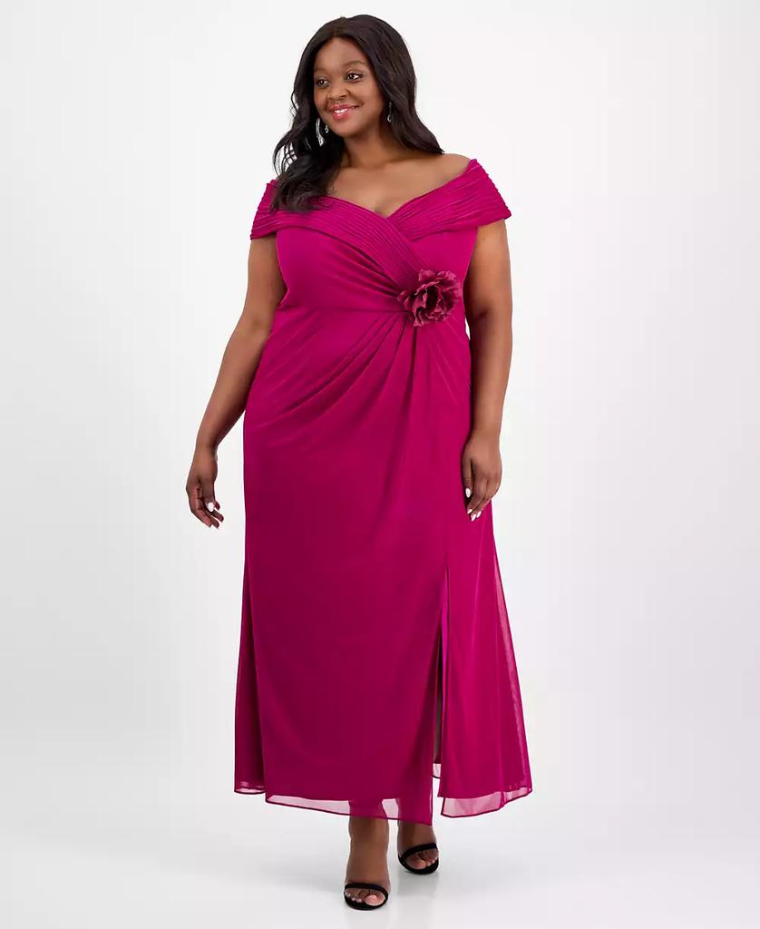 Alex Evenings Plus Size Rosette-Trim Slit-Front A-Line Dress