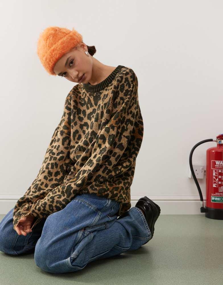 The Ragged Priest The Ragged Priest oversized knitted jumper with distressing in brown leopard