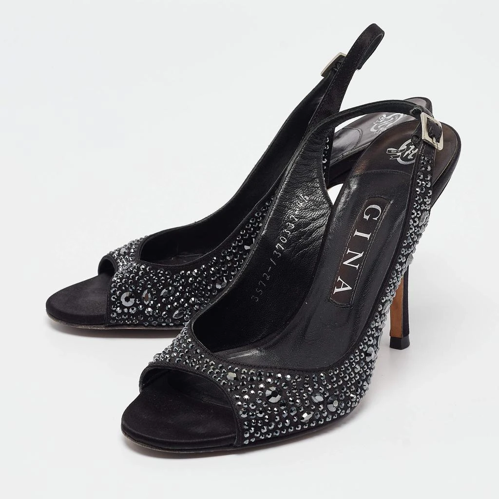 Gina Gina Black Satin Crystal Embellished Peep Toe Pumps Size 37.5 2