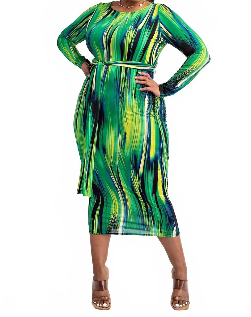 The Curve LA Plus Size Long Sleeve Midi Dress With Self-Tie Belt In Green Multi 2