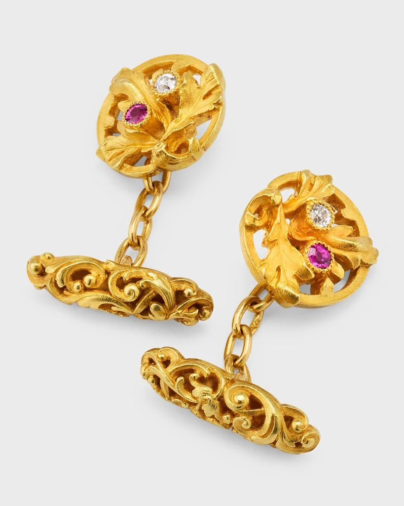 NM Estate Estate Art Nouveau 18K Yellow Gold Diamond Ruby Circular Floral Leaf Cuff Links 4