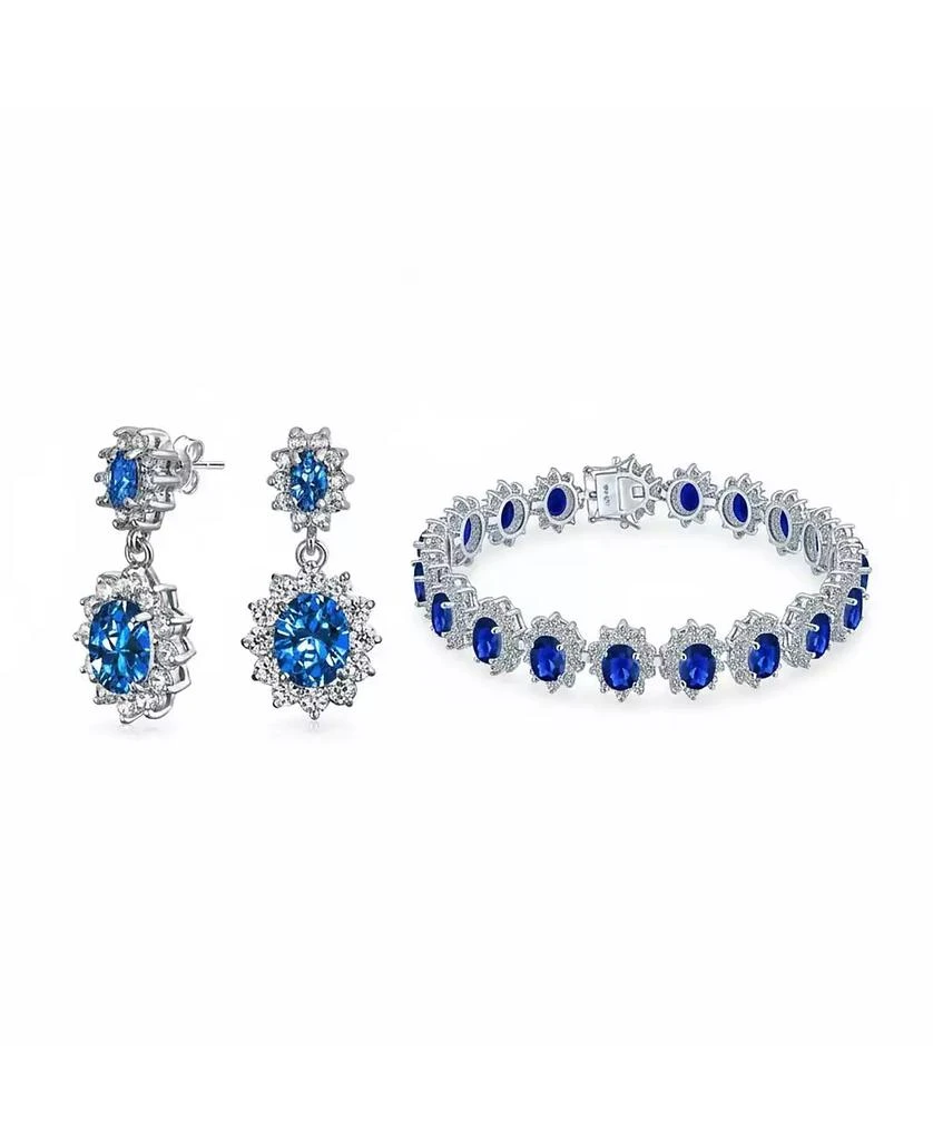 Bling Jewelry Art Deco Crown Halo Oval Blue Cubic Zirconia CZ Tennis Bracelet 
Drop Earrings Jewelry Set Silver Plated