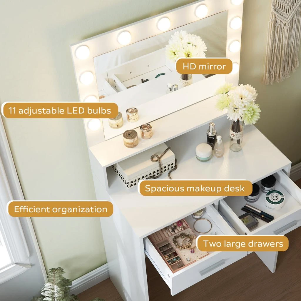 Streamdale Furniture Streamdale Vanity Desk with Mirror, Lights, Drawer 
2-Level Storage (White) 4
