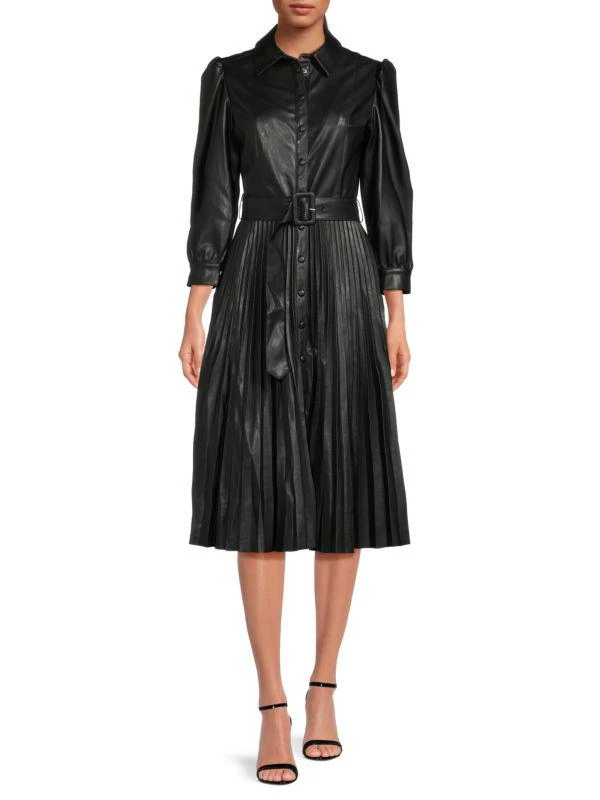 Tahari Belted Accordian Pleated Faux Leather Dress 1