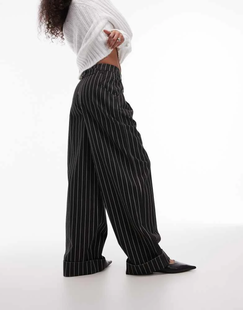 Topshop Topshop stripe wide leg turn back hem trouser in black 1
