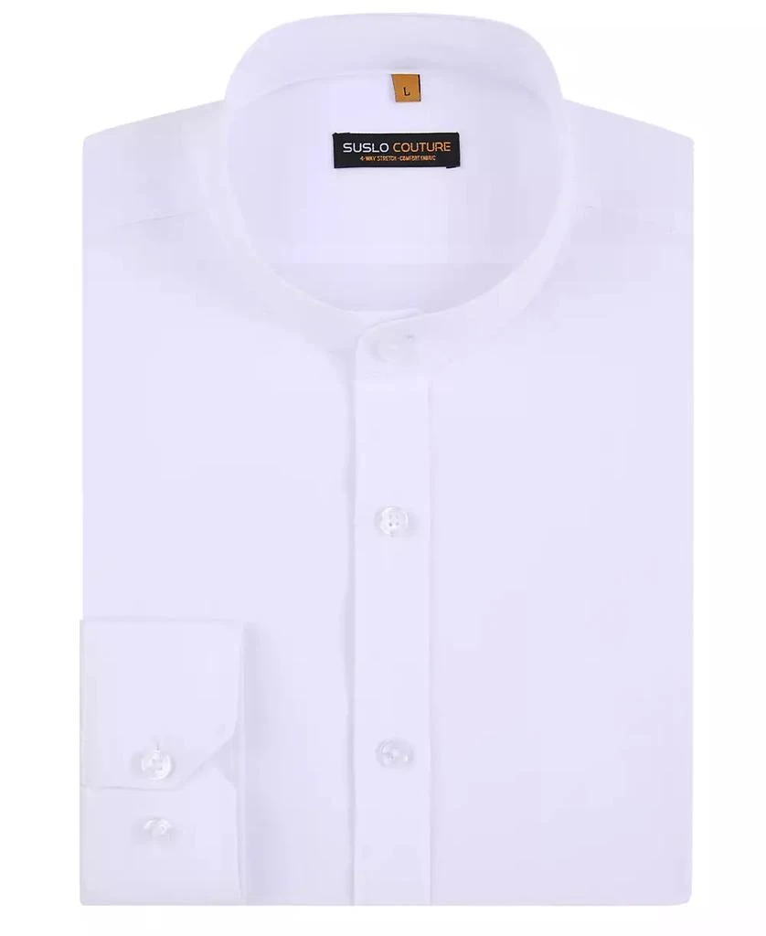 Suslo Couture Men's Slim Fit Solid Performance Collarless Button Down Shirt 2