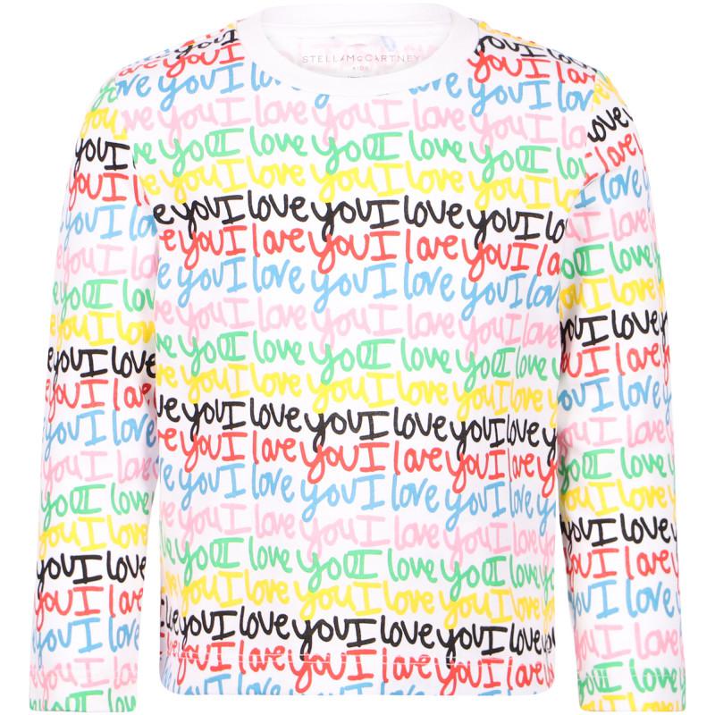 Stella McCartney Kids I love you organic long sleeved t shirt and stella loves twill skirt set in white and pink