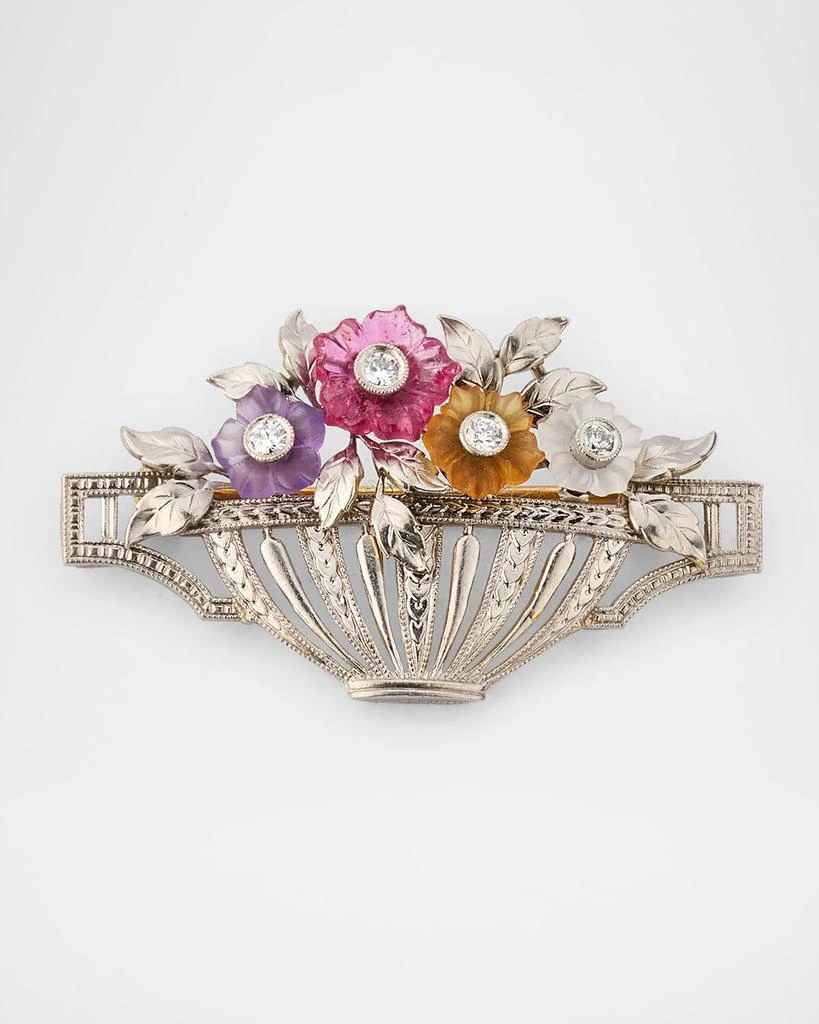 NM Estate Estate Platinum and 14K Gold Carved Mixed-Stone Flower Basket Brooch with Diamonds 1