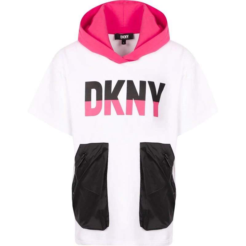 DKNY Contrasting patch pockets hooded logo t shirt in white 1
