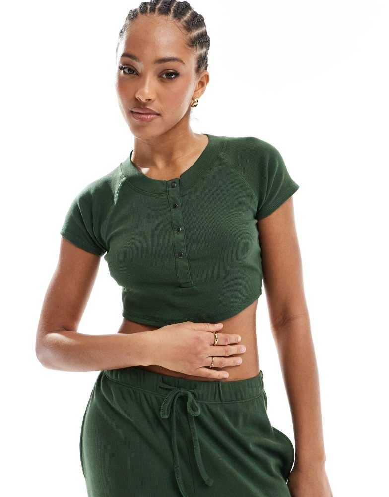 Brave Soul Brave Soul ribbed cropped t-shirt and wide leg trouser lounge set in khaki 4