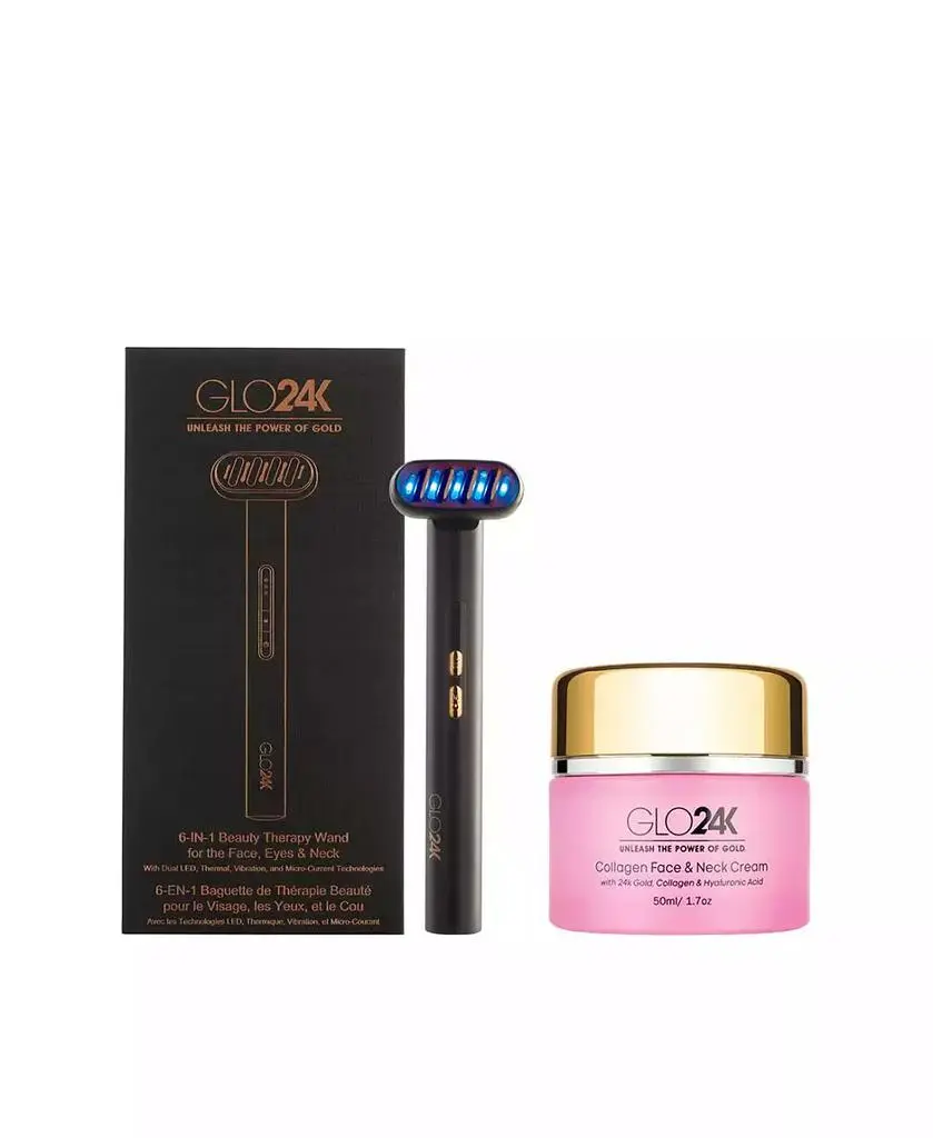 GLO24K 6-IN-1 Beauty Therapy Wand for the Face, Eyes & Neck and 24K Collagen Cream