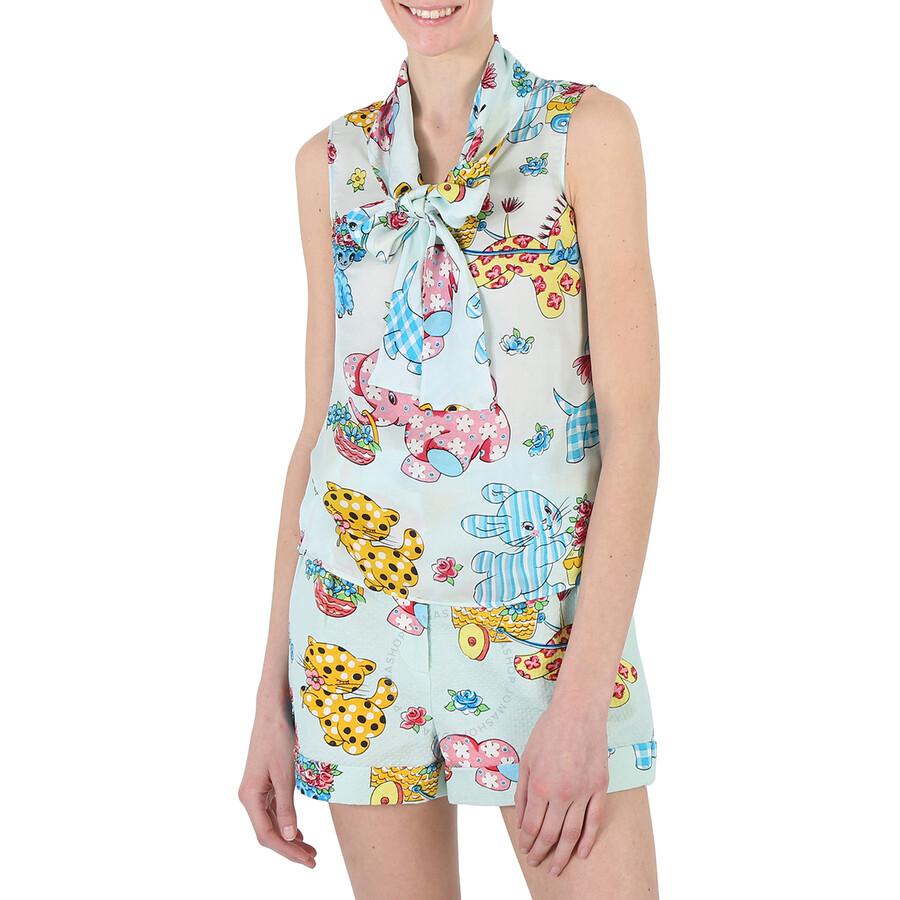 Moschino Light Blue Calico Animals Print Viscose Sleeveless Blouse