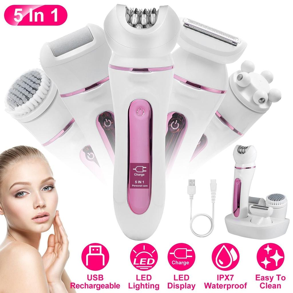 ERUULE 5 In 1 Electric Body Epilator Rechargeable Women's Grooming Kit Epilator Shaver Facial Brush Callus Remover 5-Point Massager with LED Light LED Display Charging Base