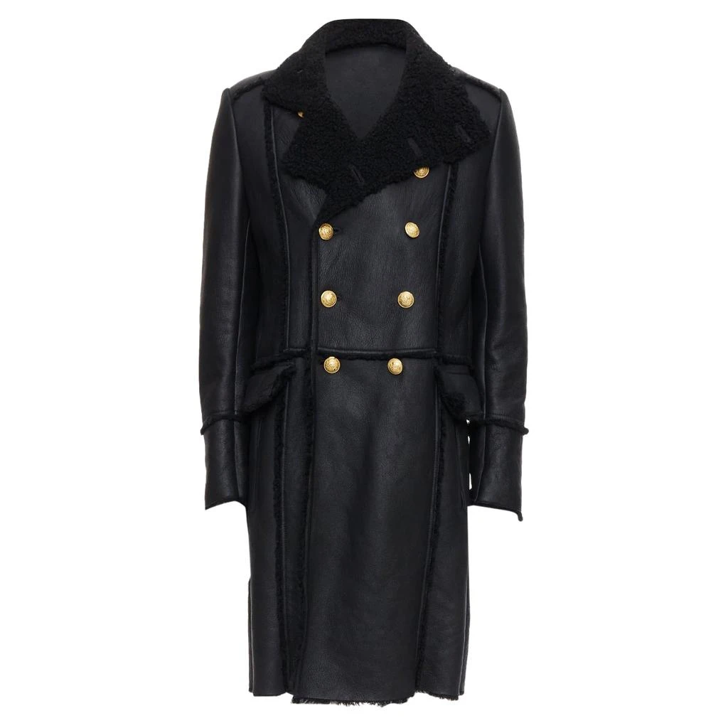 Balmain Shearling Lined Leather Gold Double Breasted Coat 1
