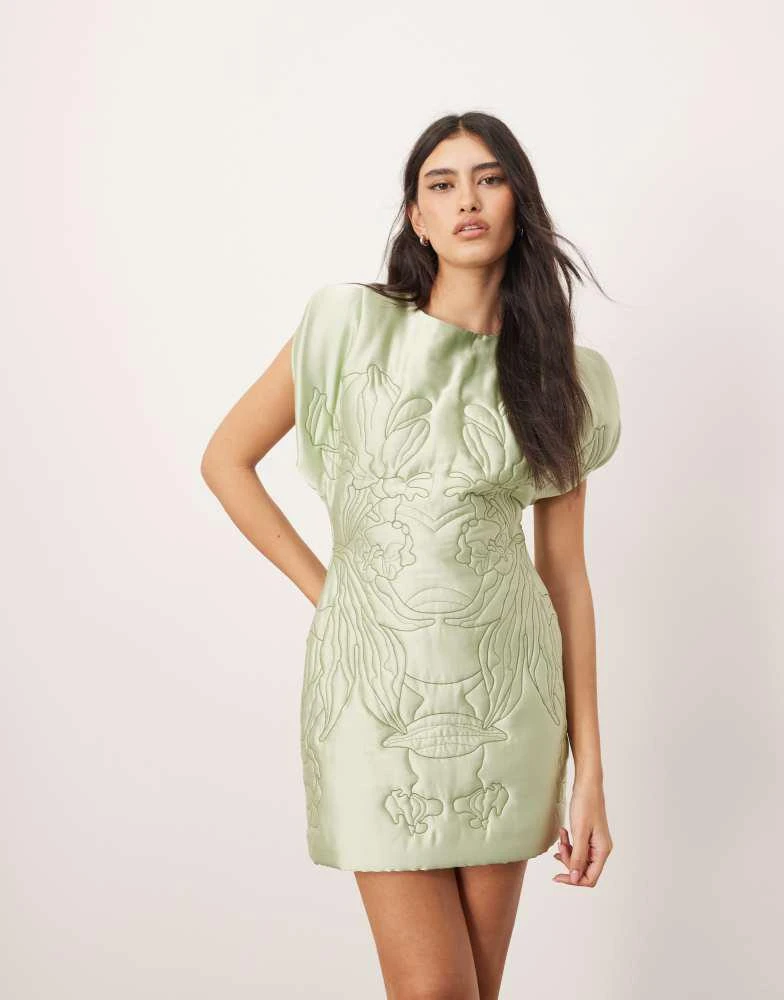 ARRANGE ARRANGE embroidered satin quilted mini dress in sage 2