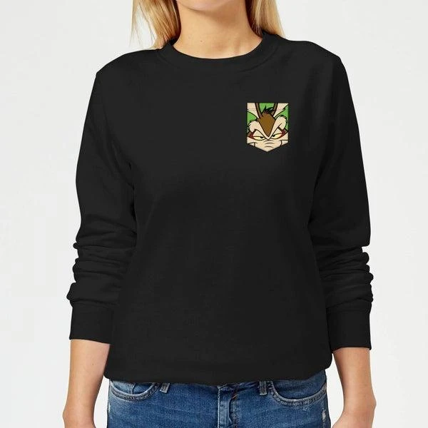 Original Hero Looney Tunes Wile E Coyote Face Faux Pocket Women's Sweatshirt - Black 1