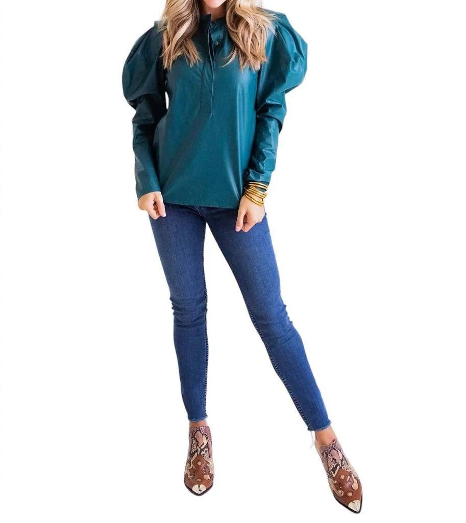 Karlie Faux Leather Puff Sleeve Top In Teal 2