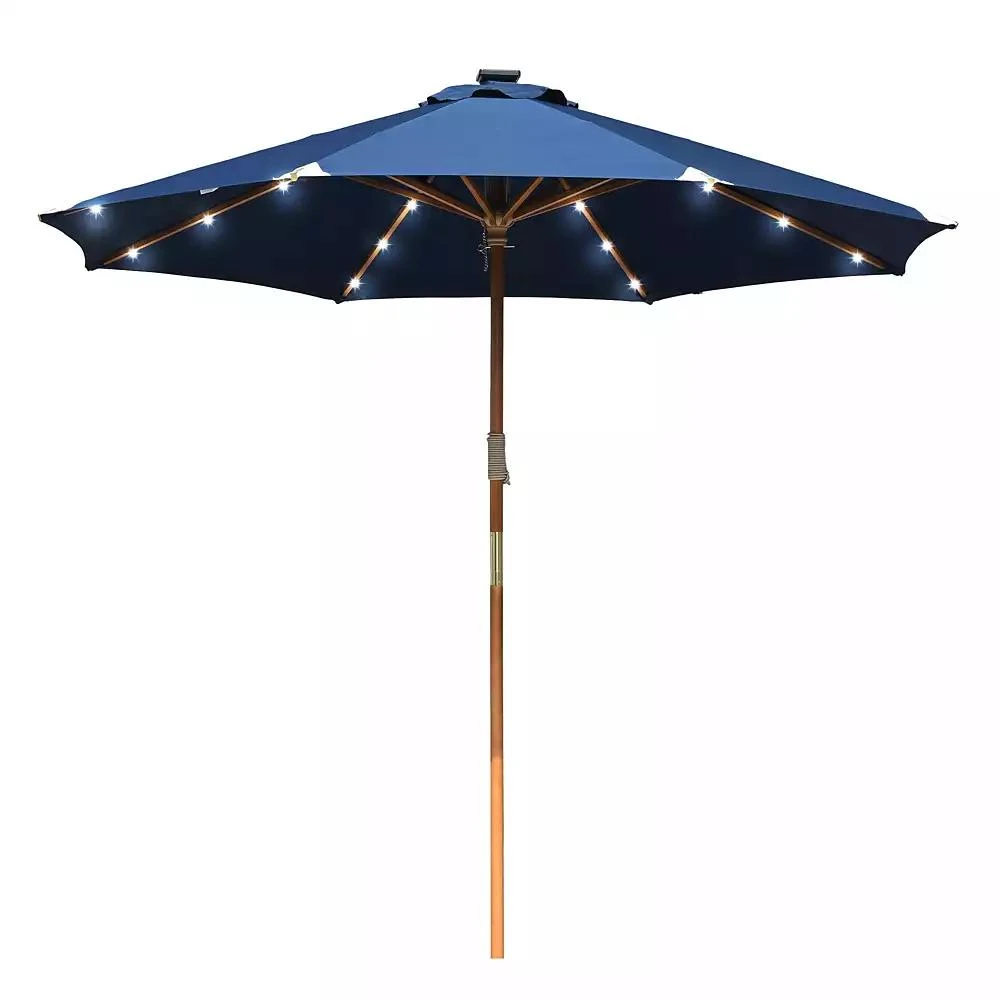 LAGarden Boho 32 LED 9Ft Wood Market Patio Umbrella with Solar Lights for Bar Hotel Resort Alfresco Dining Rooftop Restauran Navy Blue 2