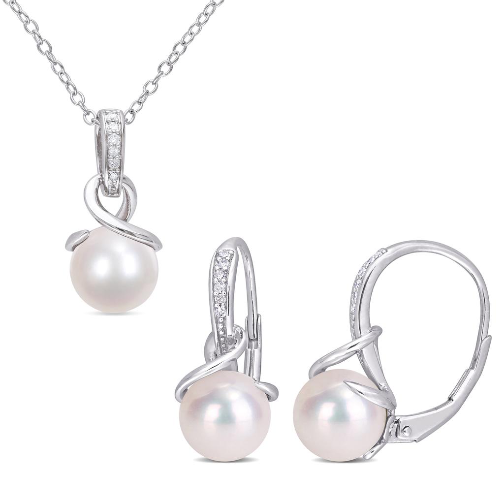 Mimi & Max Cultured Freshwater Pearl 1/10ct TDW Diamond Jewelry Set Sterling Silver