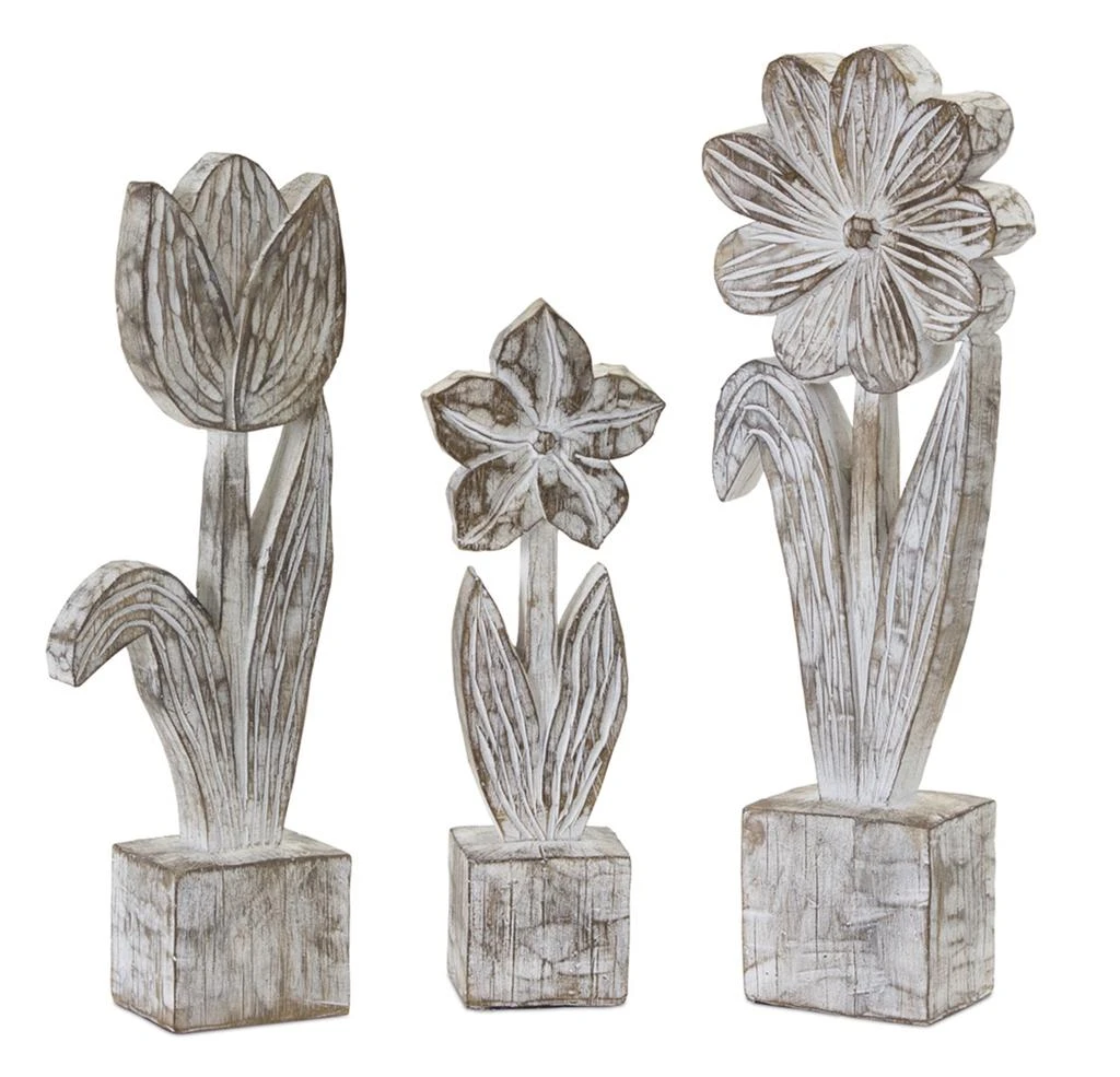 Melrose International White Washed Potted Floral Sculpture (Set of 3) - Grey, White, Brown
