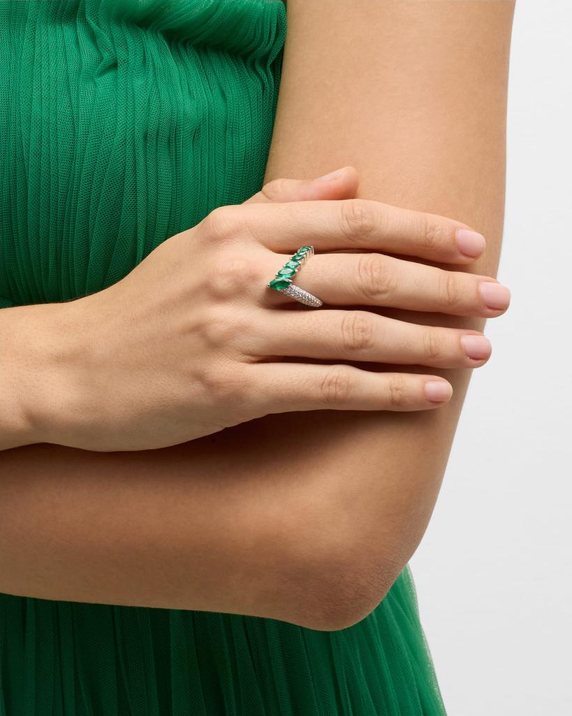 Nikos Koulis 18K White Gold Oui Ring with Marquise Emeralds and Pave White Diamonds