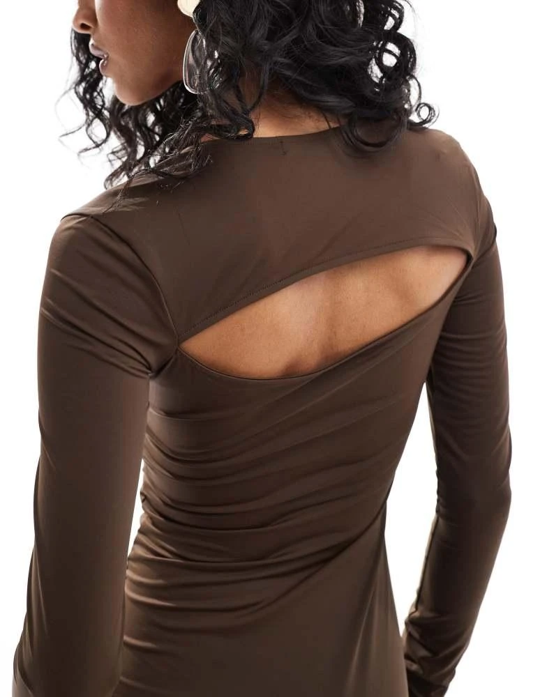 Pull&Bear Pull&Bear polyamide open back maxi dress in dark brown 3