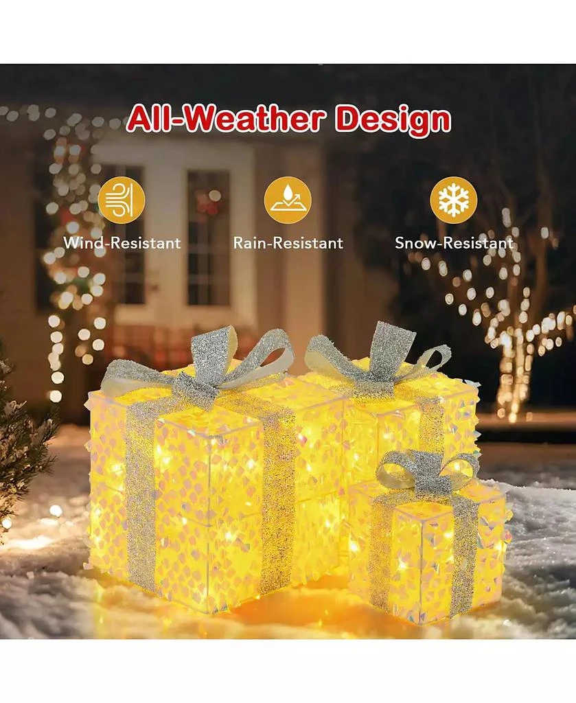 Costway 3 PCS Christmas Lighted Gift Boxes with 90 LED Lights Zip Ties Ground Stakes 3
