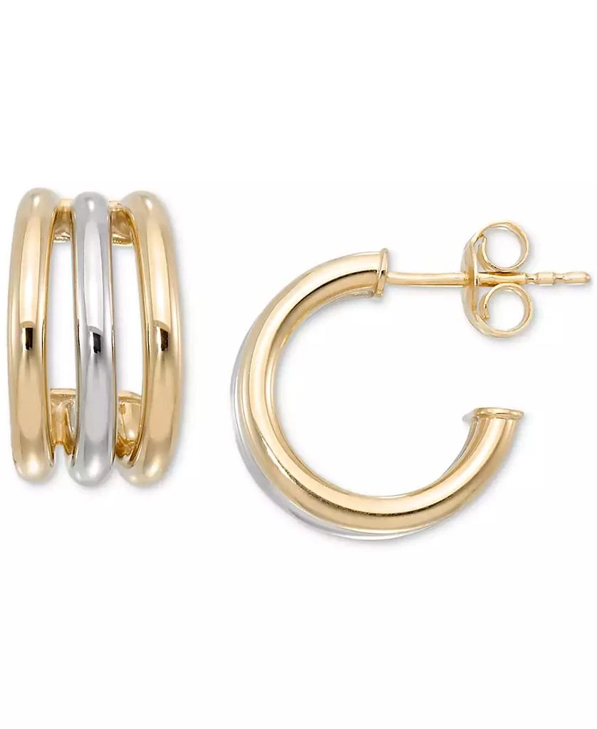 Macy's Polished Triple Row Extra-Small C Hoop Earrings in 10k White & Yellow Gold, 0.39" 3