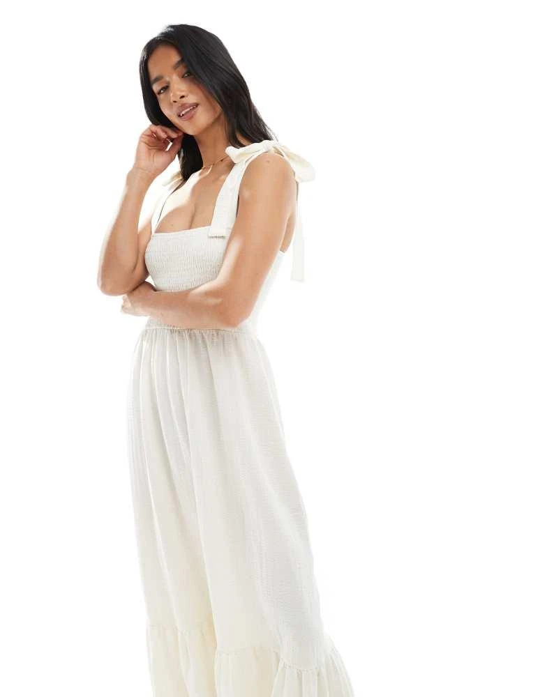 Miss Selfridge Miss Selfridge Petite seersucker tie shoulder tiered maxi dress in vanilla 2