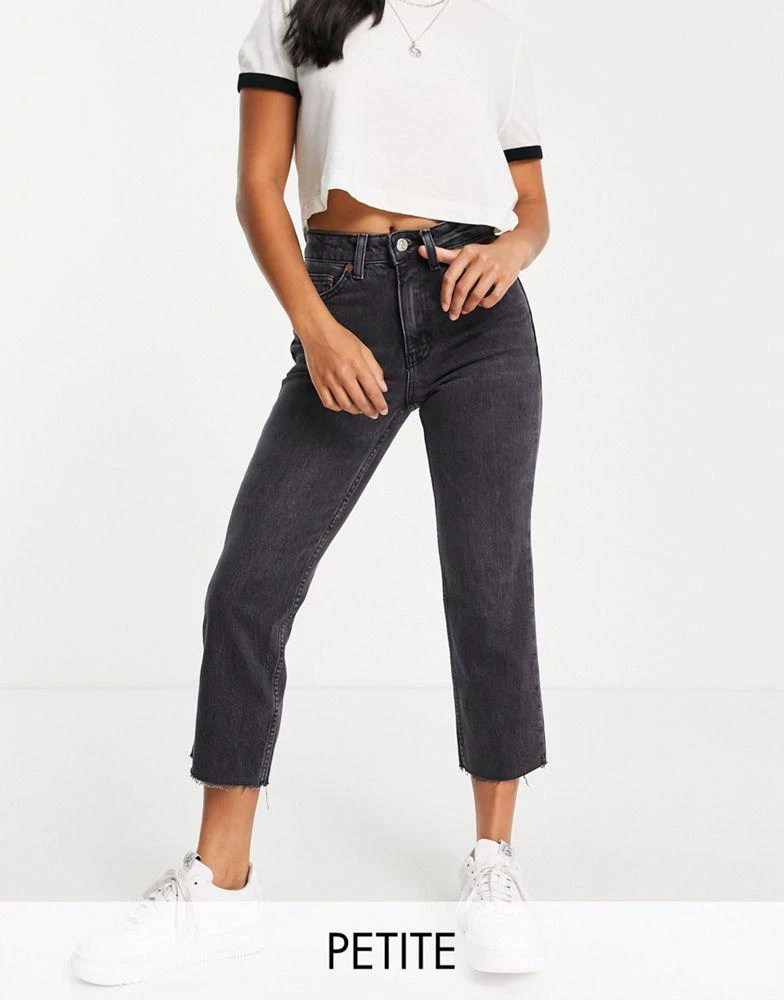 Topshop Topshop Petite mid rise straight jean with raw hems in black 1