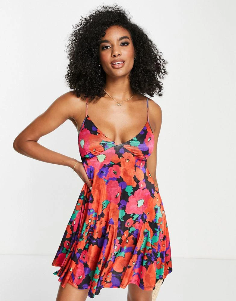 ASOS DESIGN ASOS DESIGN v neck satin stretch mini skater dress in bright floral 1