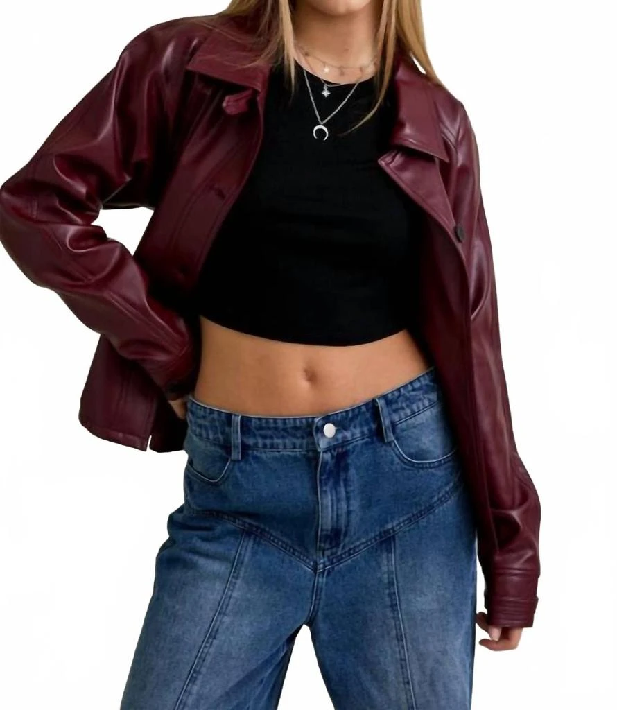 LE LIS Short Faux Leather Trench Coat In Burgandy 3