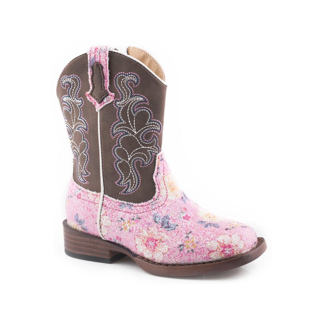 Roper Glitter Flower Square Toe Cowboy Boots (Toddler)