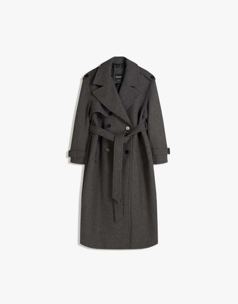 Bershka Bershka Oversize felt texture trench coat in grey 4
