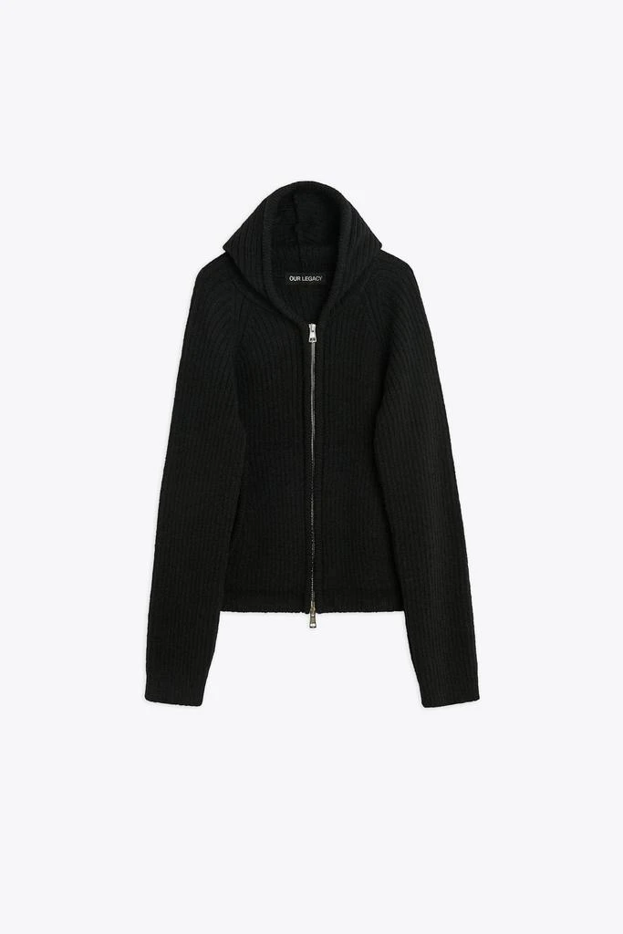 Our Legacy Level Hood Black rib knitted hooded cardigan with zip 1